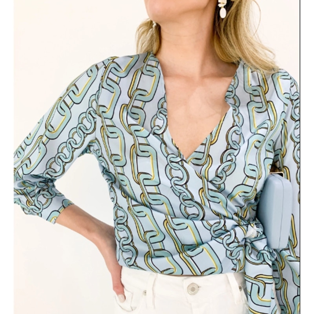 Zara Womens Chain Print Wrap Blouse - Light Blue & Gold
